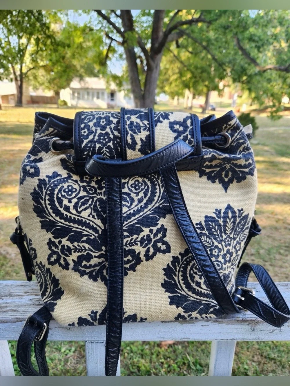 Spartina 449 linen/leather mini backpack black/natural cream damask pattern